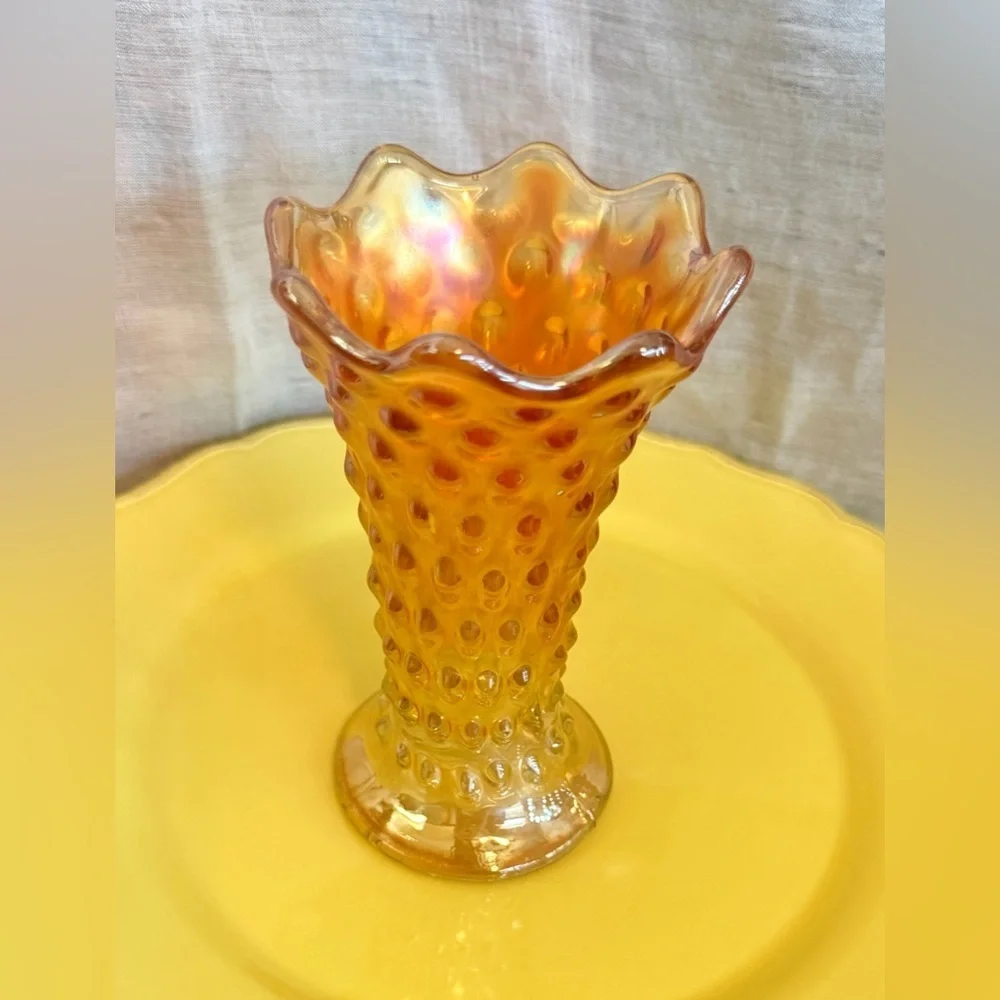 Antique Fenton Marigold Rustic Hobnail Ruffled Vase
